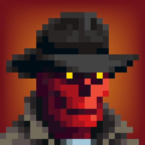 A low-resolution pixel art image of a figure with a dark wide-brimmed hat, glowing yellow eyes, and a red face against an orange-red gradient background.
