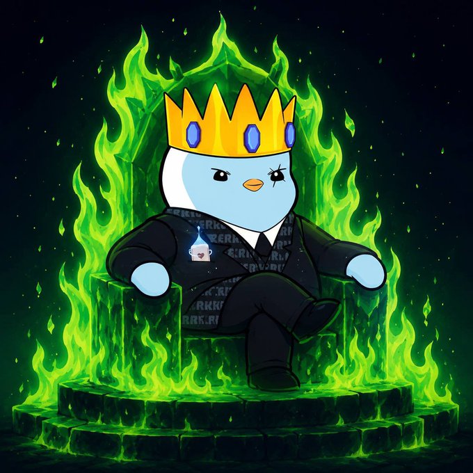 A cartoon blue bird mascot wearing a golden crown and black suit sits on a throne surrounded by green flames, displaying a "FERRE" badge on its chest. The image represents the "$FERRE" token mascot shown in royal, powerful imagery, fitting the post's call to use the $FERRE tag while welcoming the community on the "road to 1M."