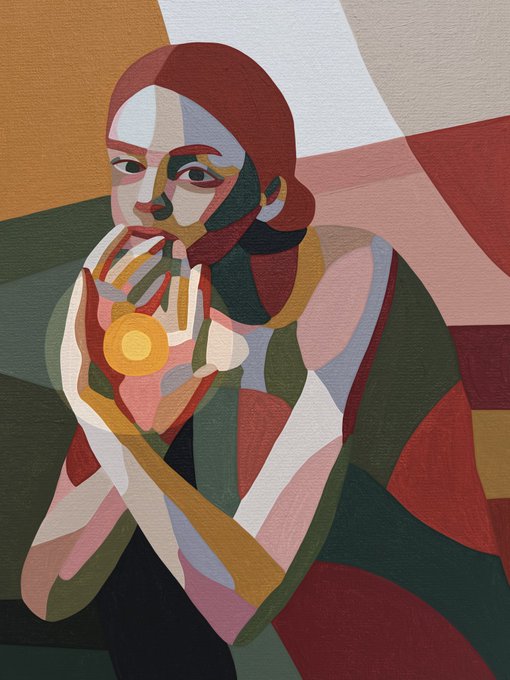 A cubist-style portrait painting of a person with red hair holding a piece of fruit, rendered in geometric shapes with warm earth tones.