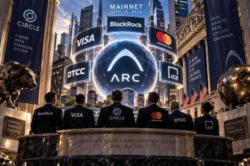 A stylized digital image showing the logos of major financial and crypto companies (Circle, BlackRock, Visa, Mastercard, Coinbase, DTCC, Ice) gathered in a circle around the 'ARC' logo, resembling a Wall Street meeting.