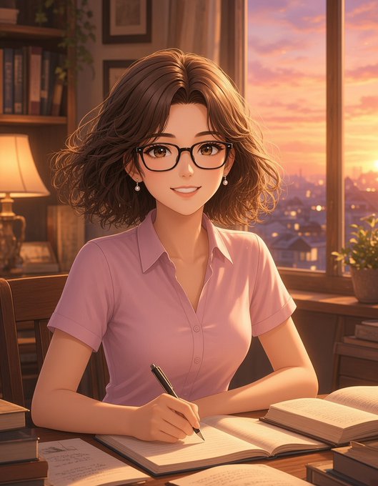 An anime-style illustration of a young woman with wavy brown hair and glasses, wearing a pink shirt and writing in a notebook near a window at sunset.