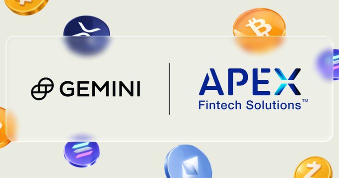 The image displays a partnership announcement featuring the logos of "Gemini" and "Apex Fintech Solutions" centered between various cryptocurrency icons (including Bitcoin and Ethereum), illustrating the collaboration to provide CFTC-regulated crypto event contracts through Apex's brokerage network.