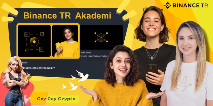 A vibrant promotional graphic for "Binance TR Akademi" features four young women—one holding a phone and another labeled "Cey Cey Crypto"—alongside a Bitcoin logo and Turkish text about market delays and "Payas Senbol," illustrating the post's theme of relying on personal knowledge rather than outside crypto tips during market volatility.