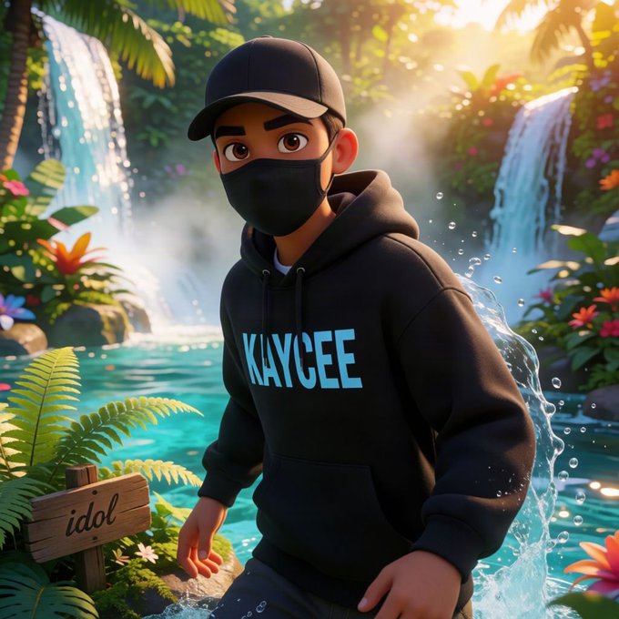 A 3D-rendered Pixar-style cartoon character of a boy wearing a black 'KAYCEE' hoodie, cap, and face mask standing in a tropical waterfall setting with a wooden sign labeled 'idol'.