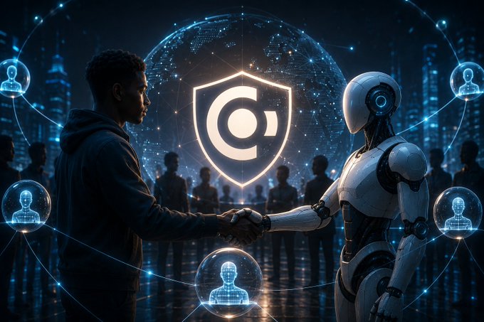 A digital artwork depicting a human and a humanoid robot shaking hands, centered in front of a glowing shield icon with a 'C' and a globe, surrounded by floating holographic user profiles.