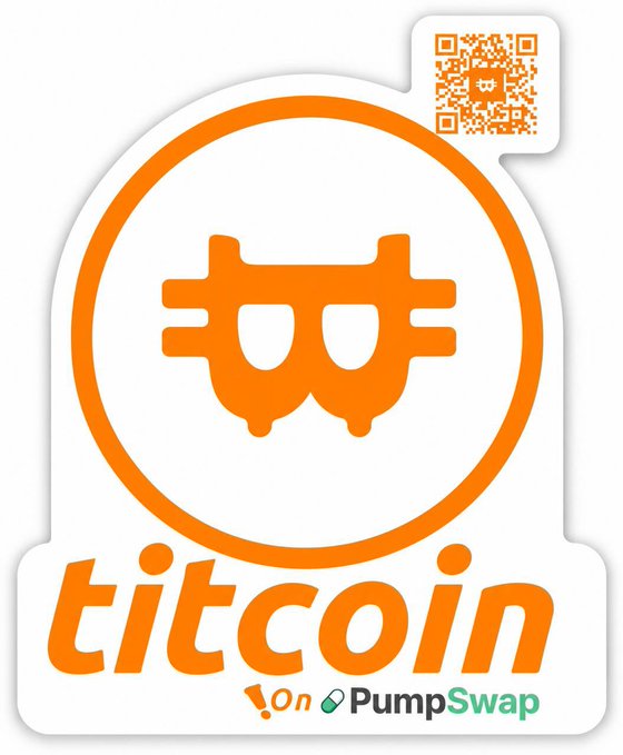 An orange and white logo for the cryptocurrency 'titcoin' on PumpSwap features a stylized smiling face inside a circle with breasts for eyes and a QR code in the top right corner.