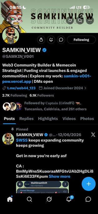 The image shows a Twitter feed with multiple posts, including one from SamkinView named "Samkin View" that has a picture of a person wearing sunglasses. The post also mentions a community builder named Samkin View, who is interested in expanding their online presence and keeping growing.