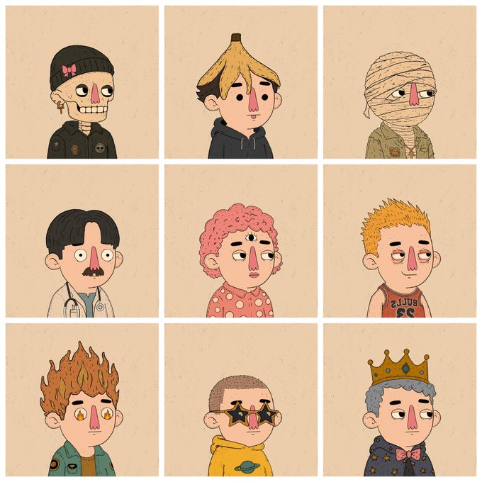 A 3x3 grid of cartoon character portraits, each with a pink nose, featuring diverse styles like a skull-faced girl with a bow, a banana-headed boy, a mummy, and a king with a crown.