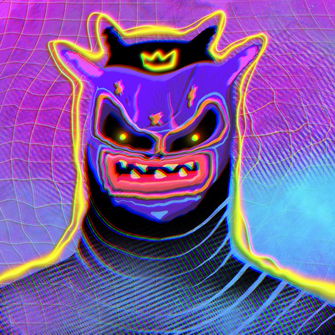 A vibrant, glitch-art style illustration features a menacing purple demonic mask with horns, glowing eyes, and sharp teeth, surrounded by neon outlines and digital distortion effects.