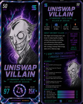 Trading card-style design for 'UNISWAP VILLAIN' featuring a cartoon character with rating 97 and value 15K.