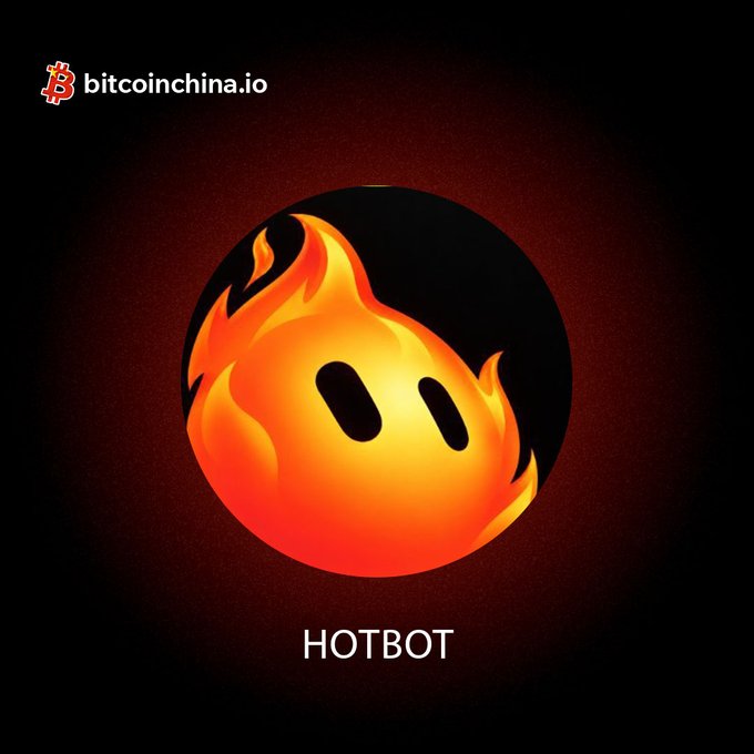 The image features a fiery orange flame character with two black oval eyes set against a dark background, with "HOTBOT" displayed below the character and the "bitcoinchina.io" logo in the top-left corner. This promotional graphic accompanies a new listing announcement for the $HOTBOT/SOL trading pair on the Bitcoin China exchange.