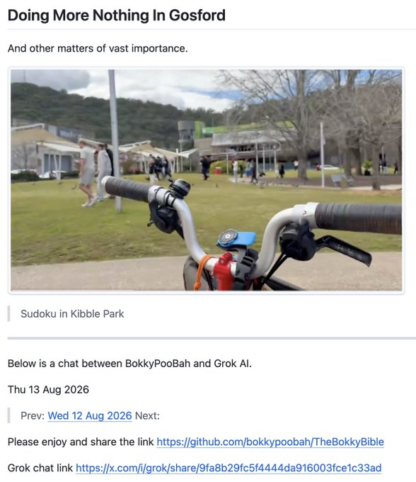 A webpage titled 'Doing More Nothing In Gosford' with a caption 'Sudoku in Kibble Park' above a photo taken from bicycle handlebars showing a park scene with people.