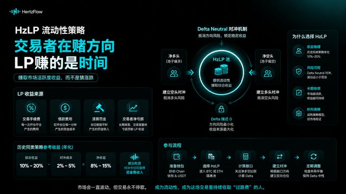 A dark-themed Chinese infographic for 'HzLP' explains a 'Delta Neutral' liquidity strategy, detailing estimated APYs (10%-20%) and steps like 'Select chain' and 'Deposit LP' to earn fees.