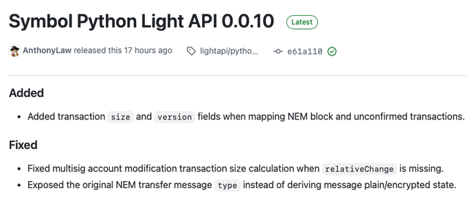 A GitHub release page for 'Symbol Python Light API 0.0.10' by AnthonyLaw, listing added transaction size and version fields, and fixes for multisig calculations and NEM transfer message types.
