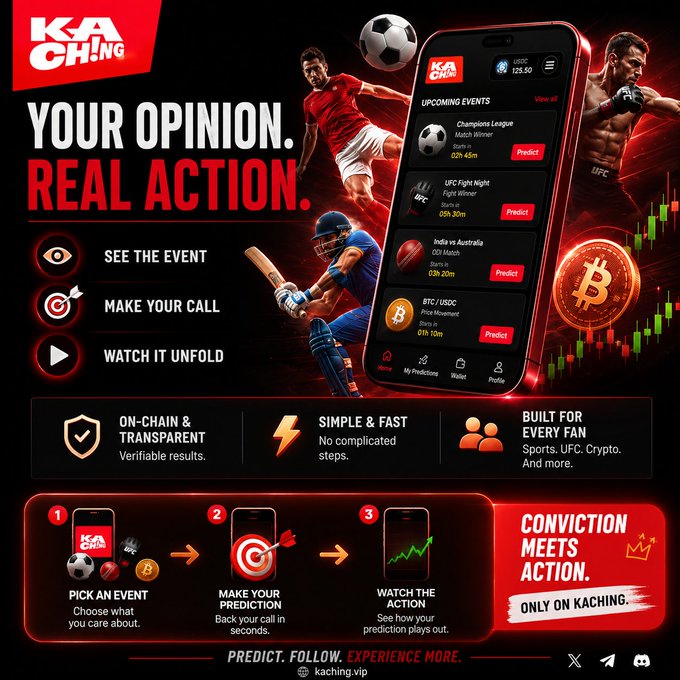 A promotional graphic for 'KACHING' features the text 'YOUR OPINION. REAL ACTION.' alongside images of athletes and a phone mockup displaying a prediction app interface with upcoming events like 'Champions League' and 'UFC Fight Night'.