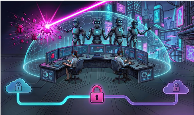 A futuristic cyberpunk scene shows two operators at a multi-screen command console beneath a glowing security dome, while uniformed AI agents above deflect an incoming threat by scanning a neon cityscape. Locked cloud icons and a central padlock along the bottom reinforce the post's message of secure, private, and verifiable autonomous on-chain execution by @theARCTERMINAL.
