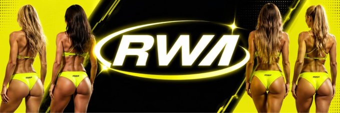 The image features the "RWA" logo illuminated in neon yellow against a black background, with four women in yellow bikinis forming the sides of the frame. This visual directly complements the post by highlighting the "real world assets" (RWA) aspect, likely implying the "meme" nature mentioned.