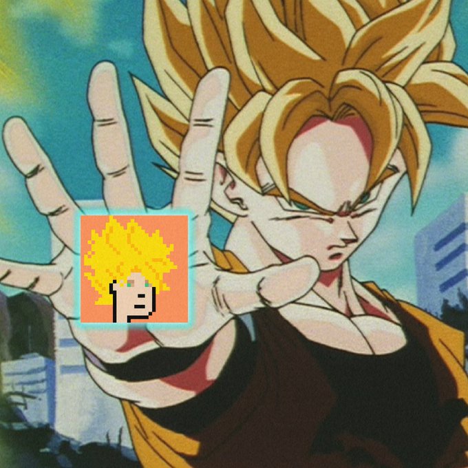 An anime image of a Super Saiyan character (Goku) with spiky blonde hair extending his hand toward the viewer, with a pixelated yellow character icon overlaid on his palm.