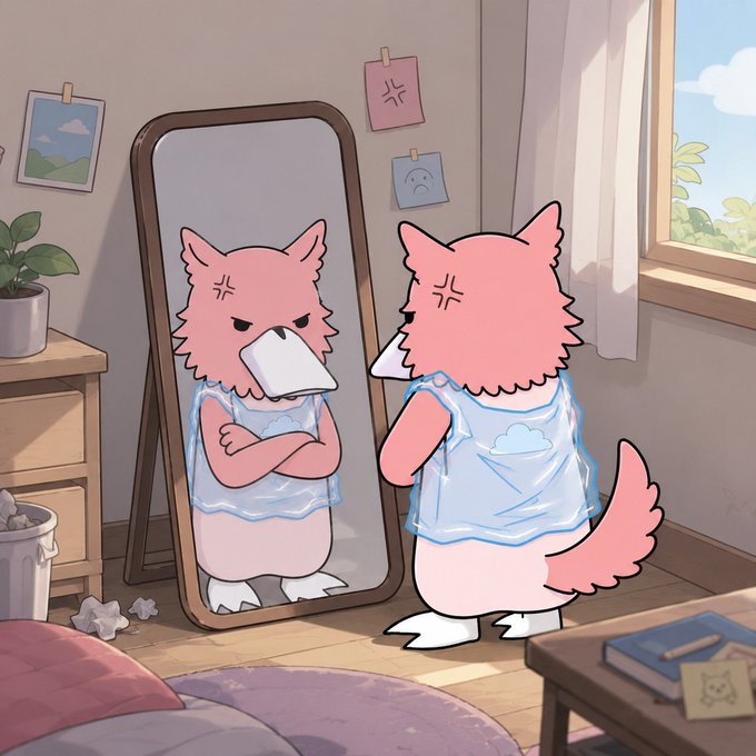 An illustrated cartoon of a pink wolf/dog character looking at its reflection in a mirror with an angry expression, wearing a blue tank top in a bedroom setting.