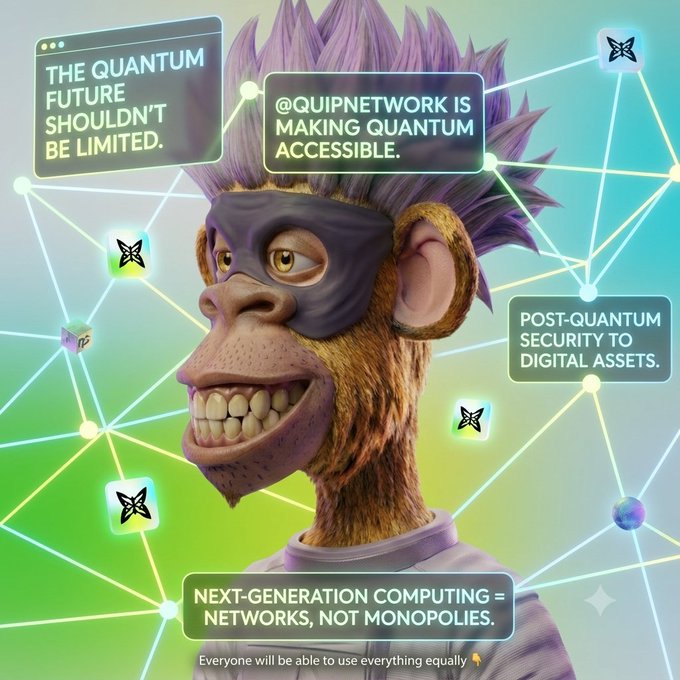 An NFT-style artwork of a monkey character with purple hair and a sleep mask, promoting @QUIPNETWORK with messages about making quantum computing accessible and post-quantum security for digital assets.