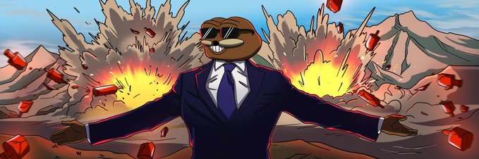 An anthropomorphic frog character in a suit and sunglasses stands triumphantly with arms outstretched amid fiery explosions, visually matching the energetic tone of the post announcing the $SPURDO token's launch on the Robinhood chain.