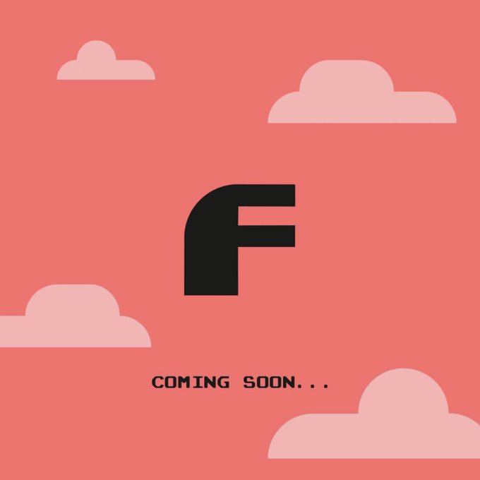 Pixel-art style graphic with a coral background, a large black letter 'F', and the text 'COMING SOON...' at the bottom, with white clouds surrounding the letter.