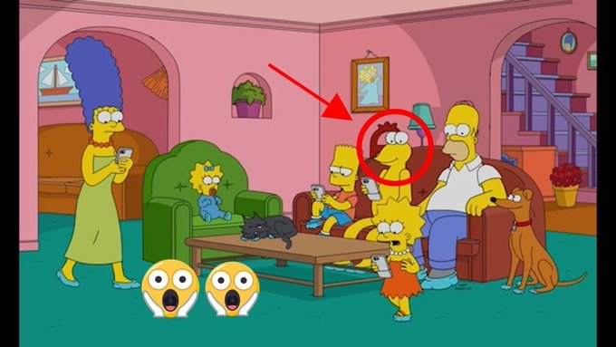 A scene from The Simpsons showing the family in their living room, with a red arrow pointing to the character who looks like a duplicate of Bart, circled in red.