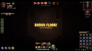 The image shows a "BONUS FLOOR! You have been remade." message in a dungeon crawler game, with a character interface and inventory displayed on the sides. The post highlights how unlocking a Bonus Floor is just one of the many surprises during dungeon runs in Cambria, fitting perfectly with the triumphant yellow text announcing this special reward.