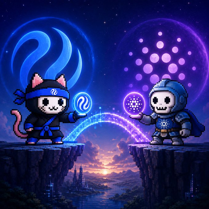 A digital illustration featuring two pixel-art characters—one ninja-like and one knight—standing on cliffs and holding glowing orbs, with stylized crypto logos floating above them against a night sky.