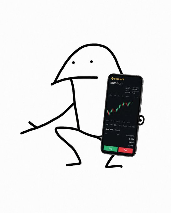 A simple line drawing of a figure walking while holding a smartphone displaying the Binance app with a BTC/USDT trading chart.