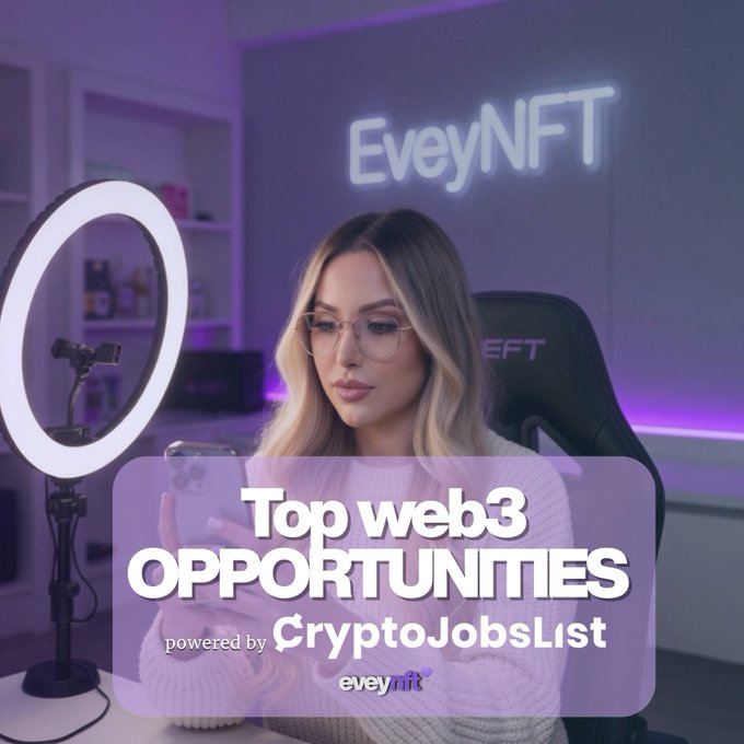 The image features a woman sitting down while looking at her phone. The text "Top web3 opportunities" is displayed above her, and there are several other descriptions of job openings related to web development or technology.