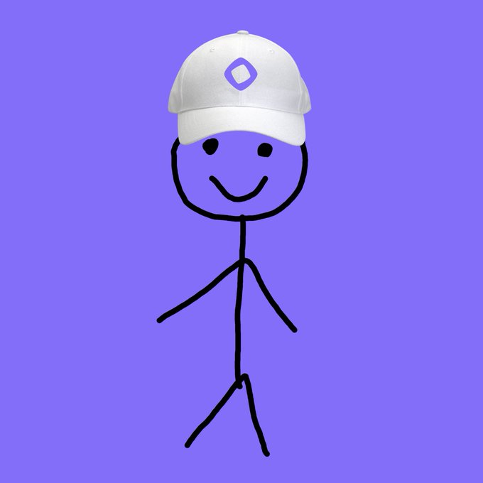 A simple stick-figure drawing of a smiling stick figure named "Ben" wearing a white cap with a purple diamond-shaped logo, set against a purple background. The image visually represents "Ben" from the post, a character who smartly trades perps on Perpl using USDC on Monad without needing a bridge or exchange account.
