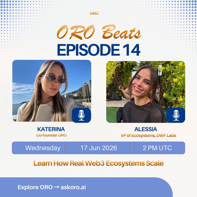 The image features two women standing next to each other with their faces turned towards a camera. The text "Oro Beats Episode 14" is displayed above them, indicating that they are discussing a topic related to social media or web3 technology. The background of the image shows a blue and white color scheme, which complements the content in the post.