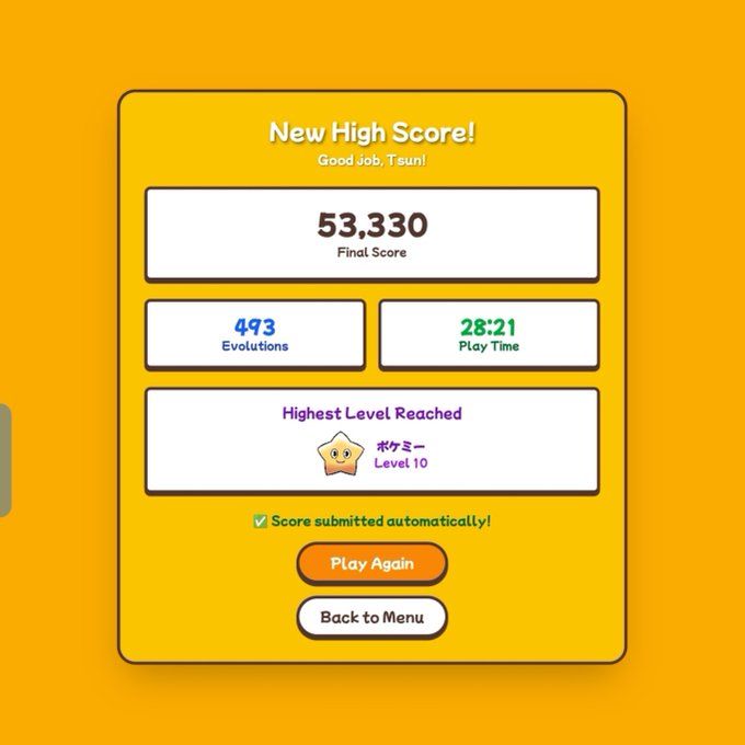 A mobile game 'New High Score!' screen showing a final score of 53,330 with 493 evolutions, 28:21 play time, and highest level reached of Pokemie Level 10.