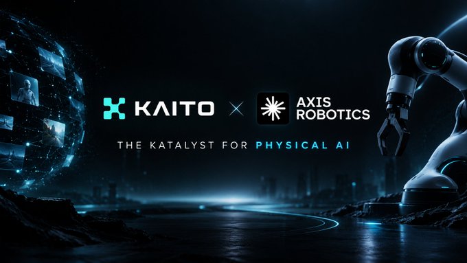 A promotional graphic announcing a partnership between KAITO and AXIS ROBOTICS, featuring the tagline 'THE KATALYST FOR PHYSICAL AI' alongside imagery of a robotic arm and a digital globe.