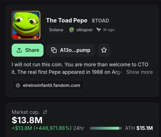 Screenshot of 'The Toad Pepe' ($TOAD) Solana memecoin on a launchpad, with a market cap of $13.8M, up 448,971.86% in 24 hours, and a message that the dev will not run the coin.