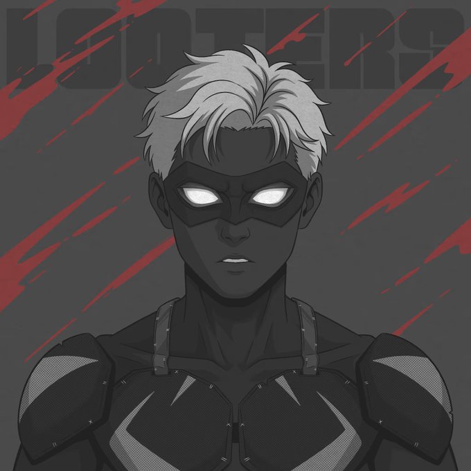A digital illustration of a white-haired, masked character with glowing white eyes wearing black armor, set against a gray background with red claw marks and the text 'LOSERS'.