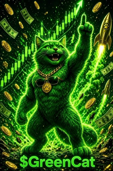 A vibrant green-themed crypto meme featuring a muscular anthropomorphic cat standing upright with one finger pointing upward, surrounded by gold coins, dollar bills, rockets, and a stock chart pattern, labeled '$GreenCat' at the bottom.