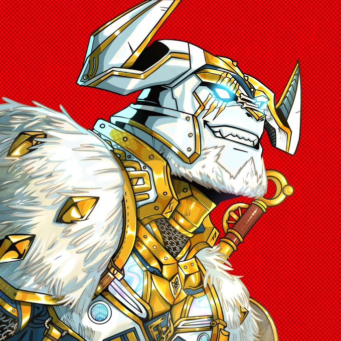 An illustration of a fantasy warrior character wearing ornate gold and white armor with fur accents, glowing blue eyes, and a horned helmet against a red patterned background.