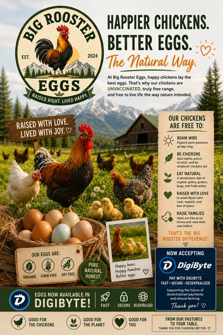 This is a promotional advertisement for "Big Rooster Eggs" featuring a rooster and eggs in a pastoral setting, with the slogan "Happier Chickens. Better Eggs. The Natural Way." highlighting that the eggs are unvaccinated, free-range, and available for purchase using the Digibyte ($DGB) cryptocurrency.