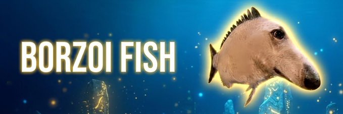 A banner-style promotional image displays the text "BORZOI FISH" against a deep blue underwater background, featuring a digitally edited composite of a Borzoi dog's head attached to a fish body, with glowing yellow accents. The surreal meme image plays on the post's "Borzoi dog meme meta" narrative to promote the $BIH token launch on Solana.