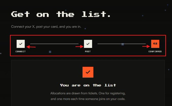 A dark screen displays "Get on the list." with instructions to "Connect your X, post your card, and you are in," highlighting a three-step process: Connect, Post, and Confirmed.