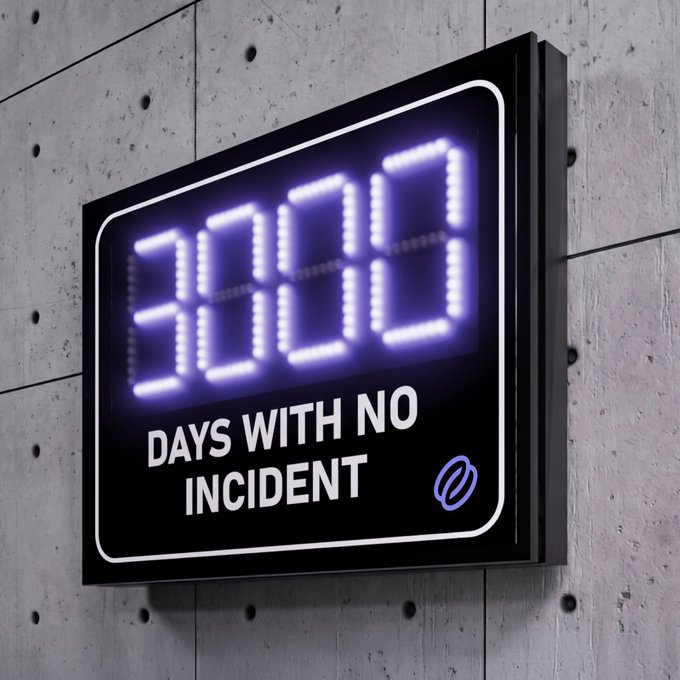 An LED counter displaying '3008' in purple digits with the text 'DAYS WITH NO INCIDENT' below.
