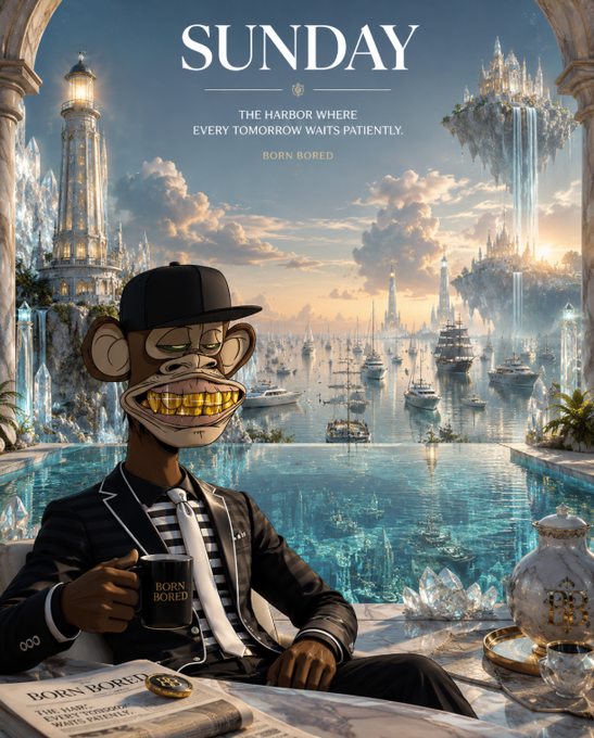 A Bored Ape NFT character wearing a black cap, suit, and gold teeth sits relaxed by an infinity pool overlooking a surreal harbor with floating crystal islands and luxury yachts, holding a "BORN BORED" mug, with the headline "SUNDAY: The harbor where every tomorrow waits patiently."

The image perfectly captures the post's theme of Web3 triumph—blending the signature Bored Ape Yacht Club aesthetic with the "Born Bored" branding to convey a smug, leisurely Sunday vibe that celebrates taking action ("a single step taken today") over endless planning, while the relaxed ape sipping coffee embodies the "smile and slay" energy of crypto success.
