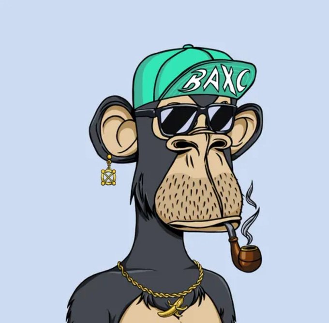 A cartoon Bored Ape character wearing a teal cap labeled 'BAYC', sunglasses, a gold earring, gold chain with a banana pendant, and smoking a pipe.