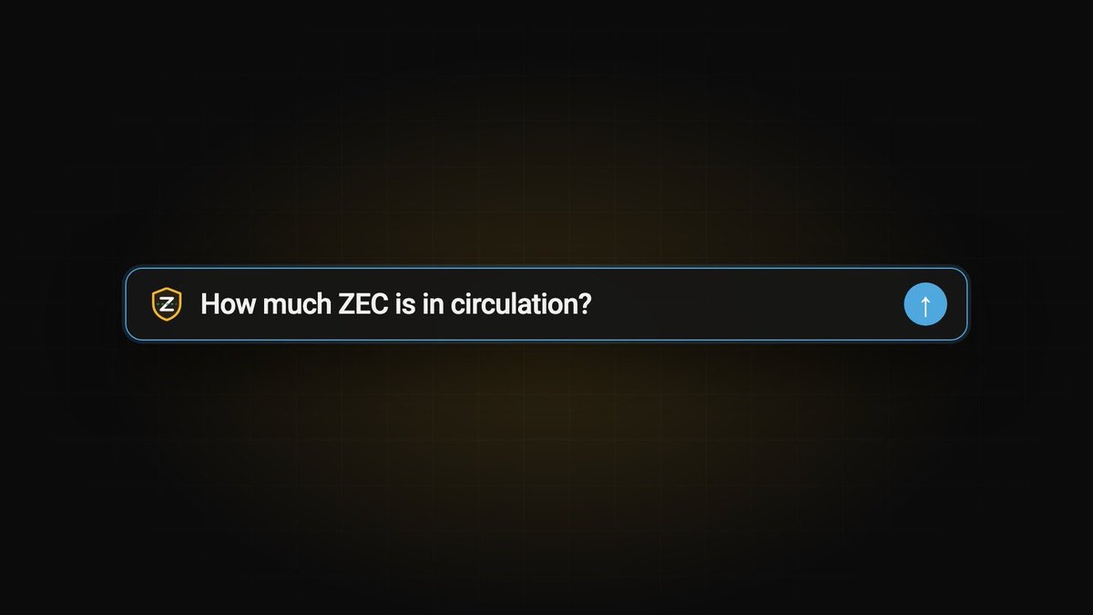 A dark screen displays a search bar with the ZEC logo and the query 'How much ZEC is in circulation?'