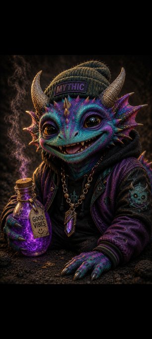 A fantasy-style illustration of a purple and blue reptilian creature with horns, wearing a 'MYTHIC' beanie and a chain, holding a jar labeled 'GOOD VIBES' filled with glowing purple smoke.