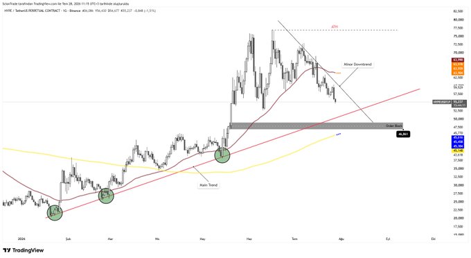 A TradingView chart of HYPE/USDT on Binance showing a price decline to a key order block support zone (~$44.69) with a potential "Main Trend" bounce setup, following a minor downtrend from highs near $77.