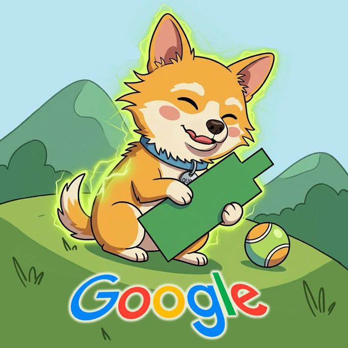 A cheerful cartoon corgi wearing a "QUBIT" collar tag holds a green arrow-shaped upward ticker in its mouth while surrounded by a glowing green aura, with the Google logo displayed below. The image humorously visualizes the post's narrative of a dog retrieving Google's growth stock prediction, symbolically representing the "ticker" fetched from the future tied to the $QUBIT ticker.