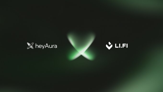 The image features a logo for two companies, "Hey Aura" and "LI.FI", set against a dark green background with a white border. The "Hey Aura" logo has a green x shape, while the "LI.FI" logo is a white square with black text that reads "LI.FI". The logos are positioned side by side on the image, creating a sense of unity between the two companies.